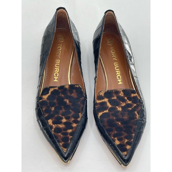 Tory Burch Loafer Lila Calf Hair Women 7 Leopard Black Leather Pointed Toe - Picture 1 of 11